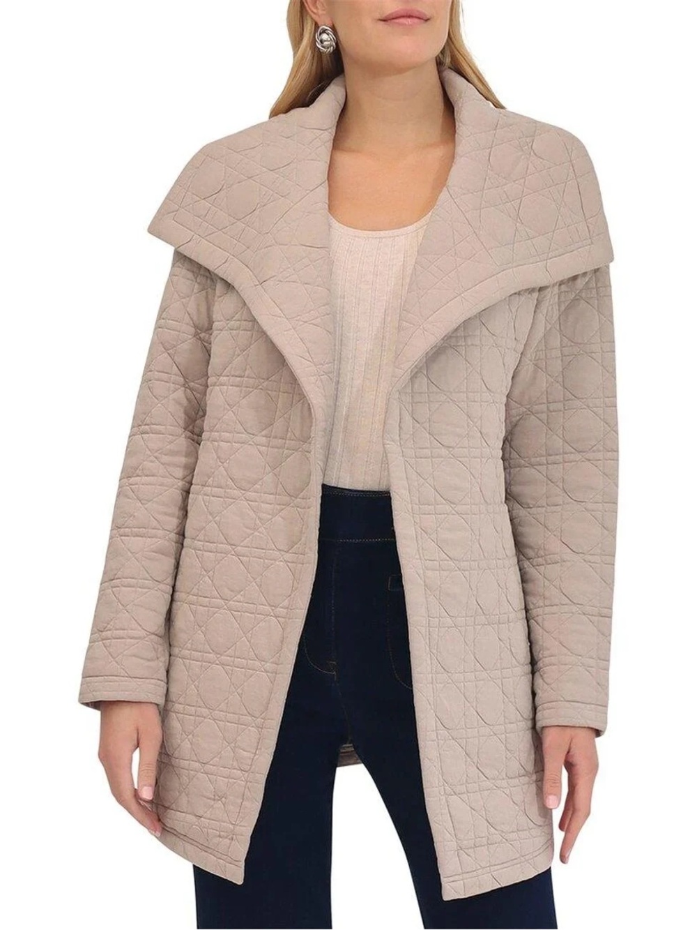 Bagatelle Quilted Open Front Drape Collar Jacket, Size L, NWOT